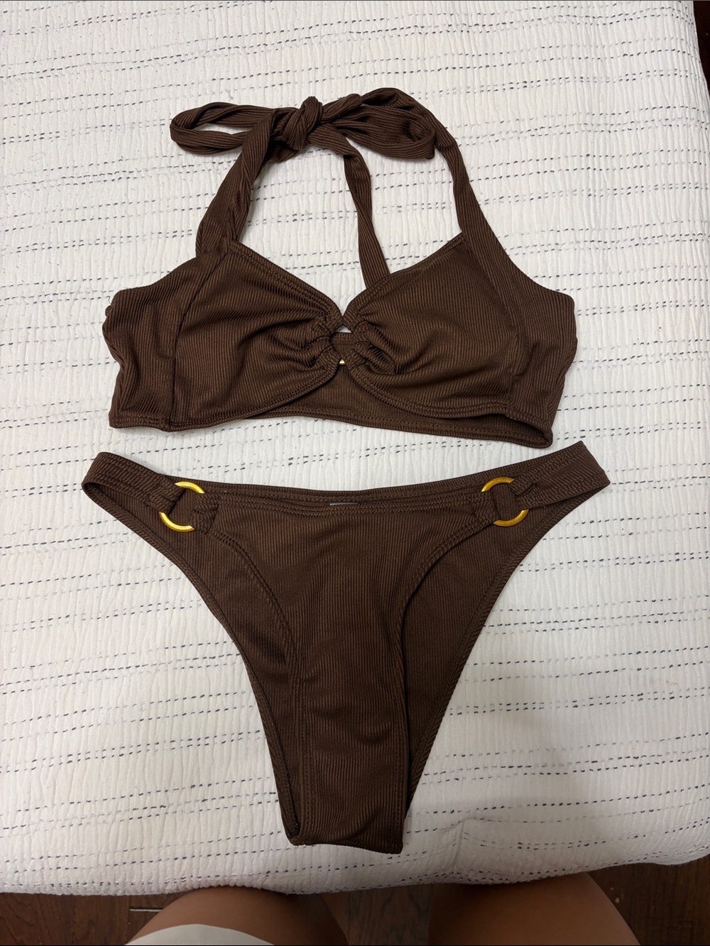 SHEIN Brown Ribbed Halter Bikini with Gold Rings